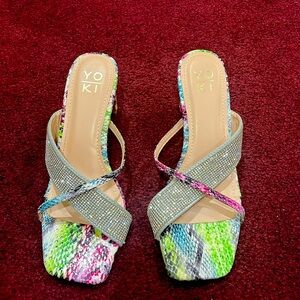 New with tags faux rhinestone faux, snakeskin sandals 3” heel size 9